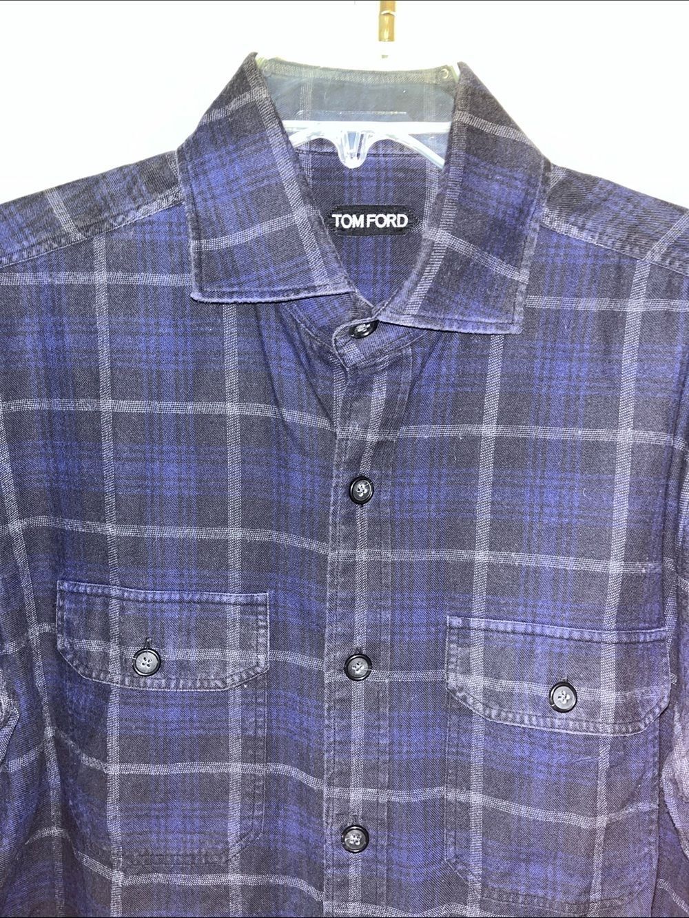 Tom Ford Navy Blue Tartan Plaid Work Double Pocket LS Shirt 16 1/2/42 x 35/36